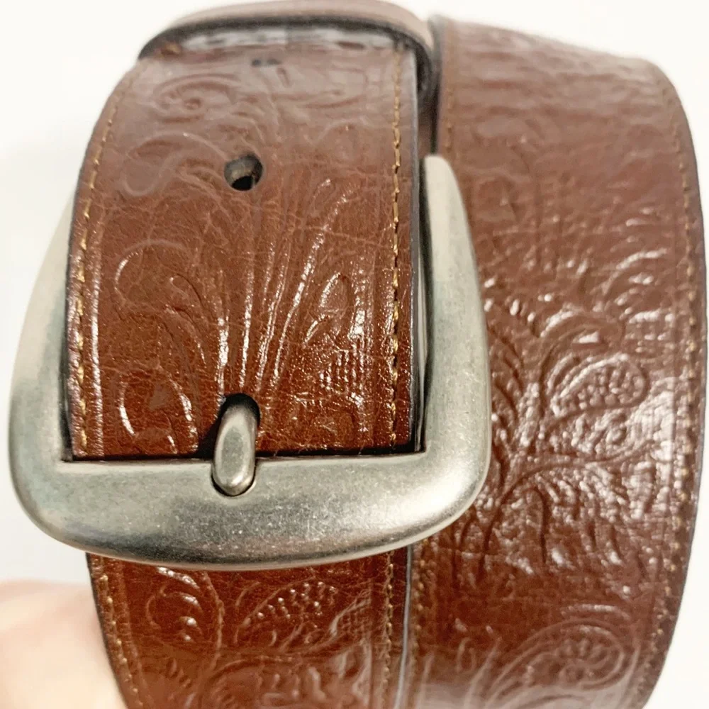 Arizona Filigree Emboss Leather Western Style Belt Silver Buckle Brown Size M 42